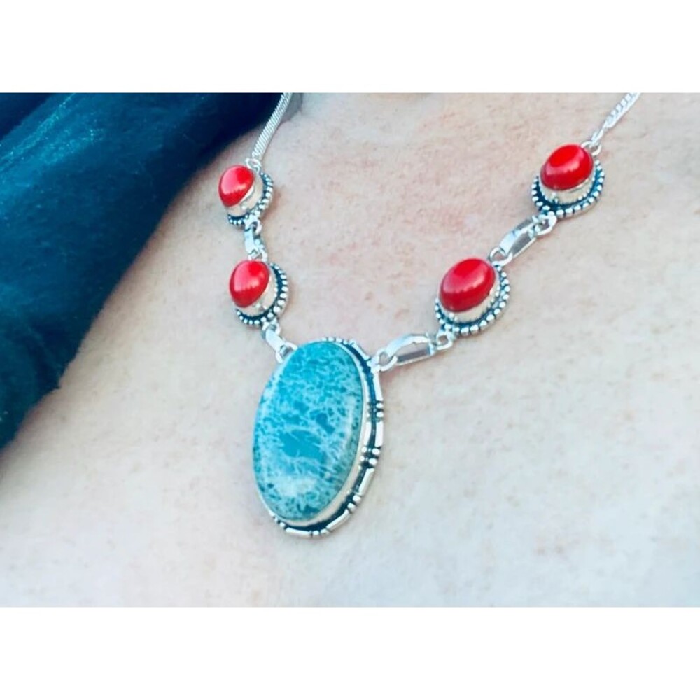 Boho Apatite and Coral Artisan Made One of a kind Southwestern Necklace